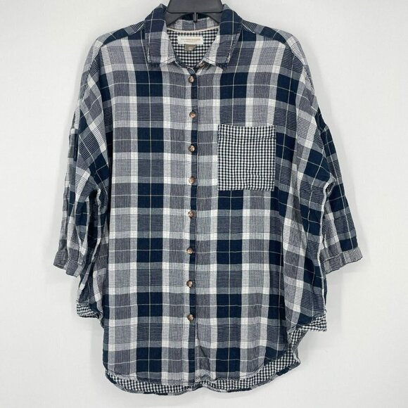 Anthropologie Pilcro Blouse Women's XS Black Plaid 3/4 Sleeves Rounded Hem Tunic - Picture 1 of 11